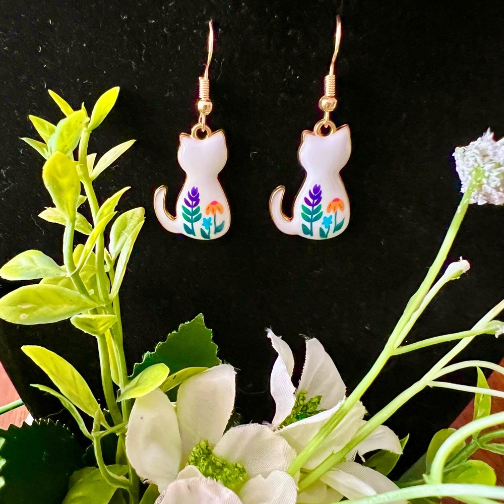 Cat Shaped Earrings with Floral Design